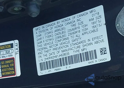 2018 Honda Cr-V Ex-L/Ex-L Navi из США, поврежденный, VIN 2HKRW2H81JH628035